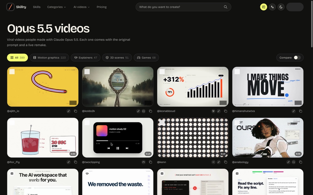 Skillry 的 Opus 5.5 视频画廊页面:按 Motion graphics、Games、3D scenes、Explainers 分类的爆款视频卡片墙