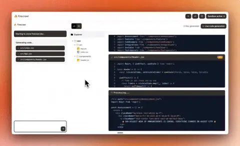 Open Lovable 克隆 firecrawl.dev 的过程:左栏逐个列出生成的 React 组件文件,右侧实时输出代码,最后在沙箱里渲染出复刻的首页