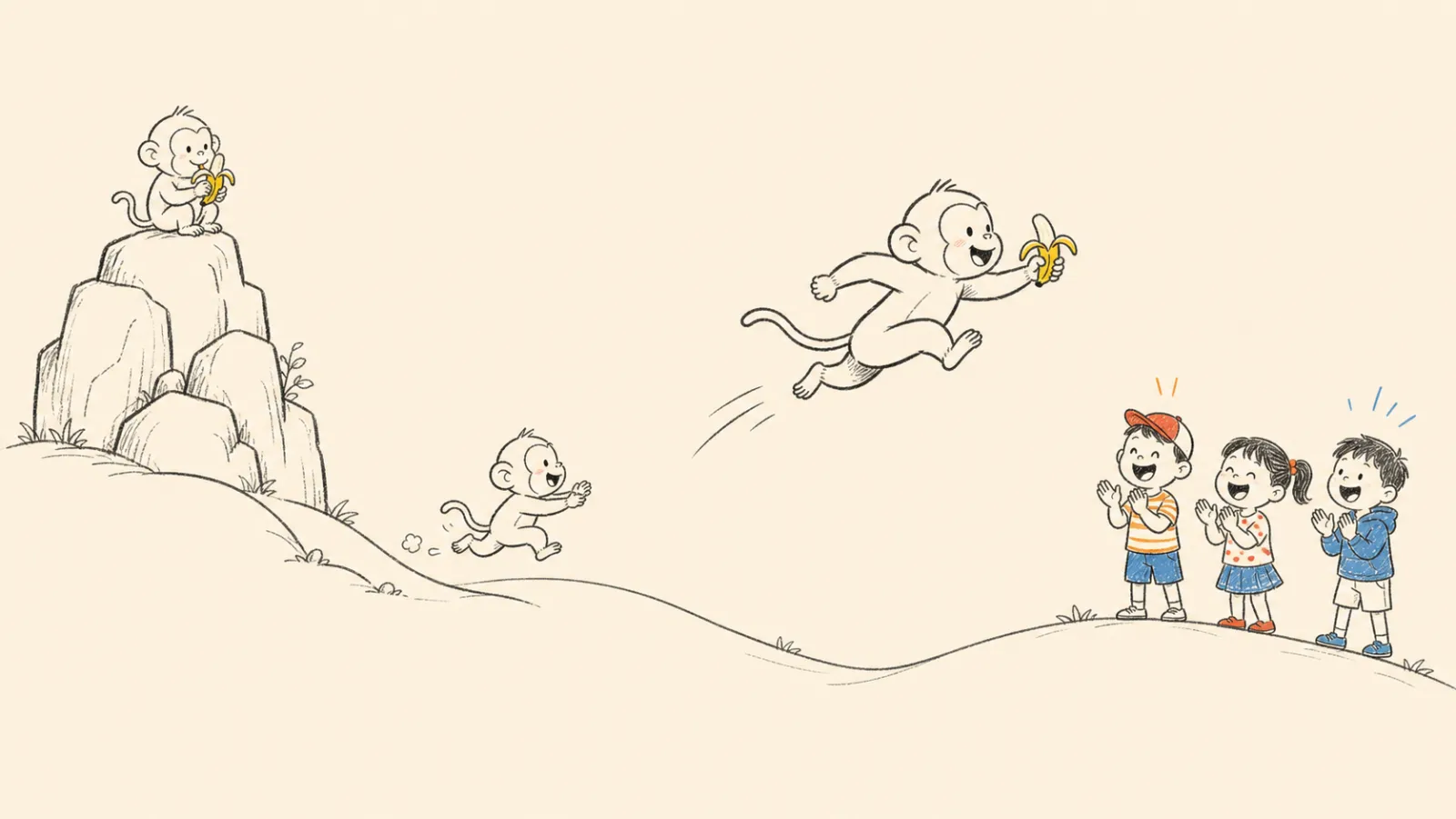 The monkey-mountain scene’s line art: beige paper, gray sketch lines, generous whitespace